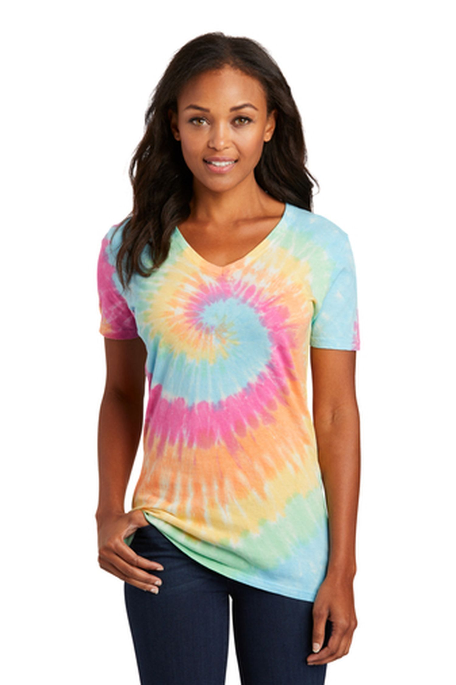 Port & Company® Ladies 5.4-Ounce 100% Cotton Tie-Dye V-Neck Short Sleeve T-Shirt